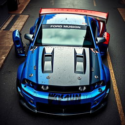 A blue 2006 Ford Mustang drift car featuring a very aggressive widebody kit and a large rear spoiler