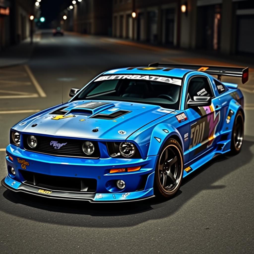 A blue 2006 Ford Mustang drift car featuring a very aggressive widebody kit and a large rear spoiler