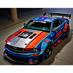 A blue 2006 Ford Mustang drift car featuring a very aggressive widebody kit and a large rear spoiler