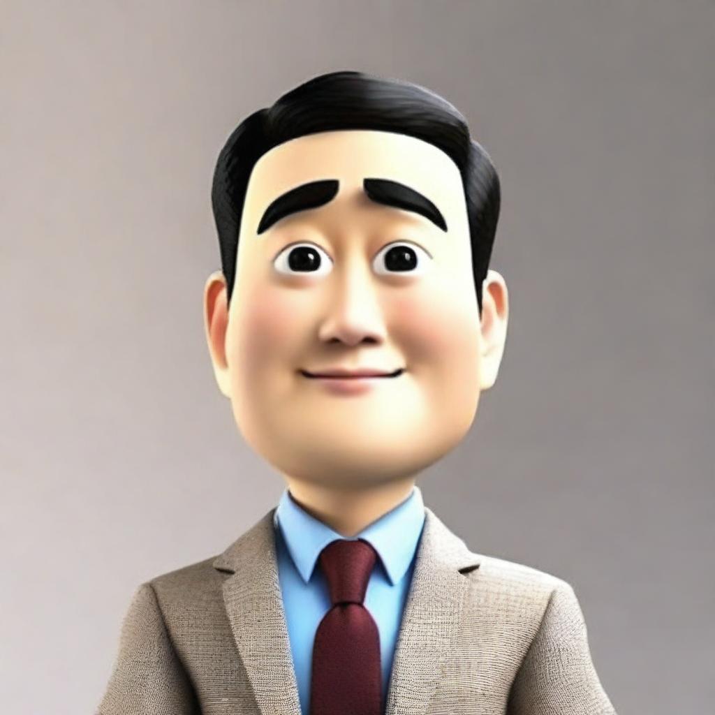 Produce a Pixar-style 3D Memoji of a business-suited Japanese man. Emphasize a high-resolution, detailed close-up of the face and eyes, projecting top-notch quality and expressive facial features.