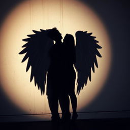 A captivating image of a wall casting a shadow of a woman with long, majestic wings, while the woman herself remains unseen