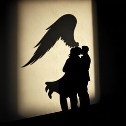 A captivating image of a wall casting a shadow of a woman with long, majestic wings, while the woman herself remains unseen