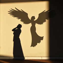 A captivating image of a wall casting a shadow of a woman with long, majestic wings, while the woman herself remains unseen