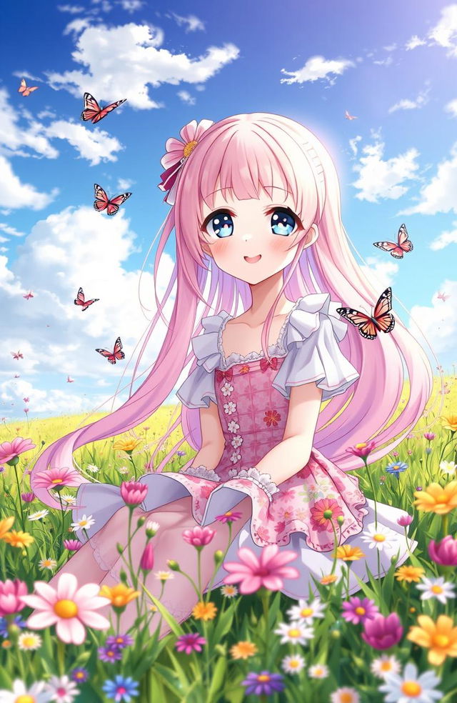 A stunning anime girl with long flowing pastel pink hair and sparkling blue eyes, wearing a cute, colorful dress adorned with flowers