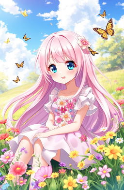 A stunning anime girl with long flowing pastel pink hair and sparkling blue eyes, wearing a cute, colorful dress adorned with flowers