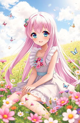 A stunning anime girl with long flowing pastel pink hair and sparkling blue eyes, wearing a cute, colorful dress adorned with flowers
