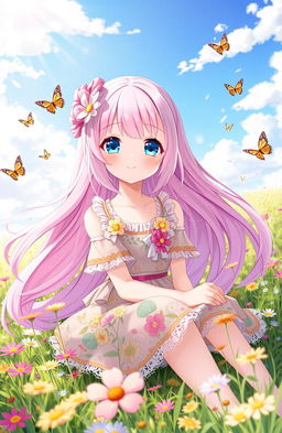 A stunning anime girl with long flowing pastel pink hair and sparkling blue eyes, wearing a cute, colorful dress adorned with flowers