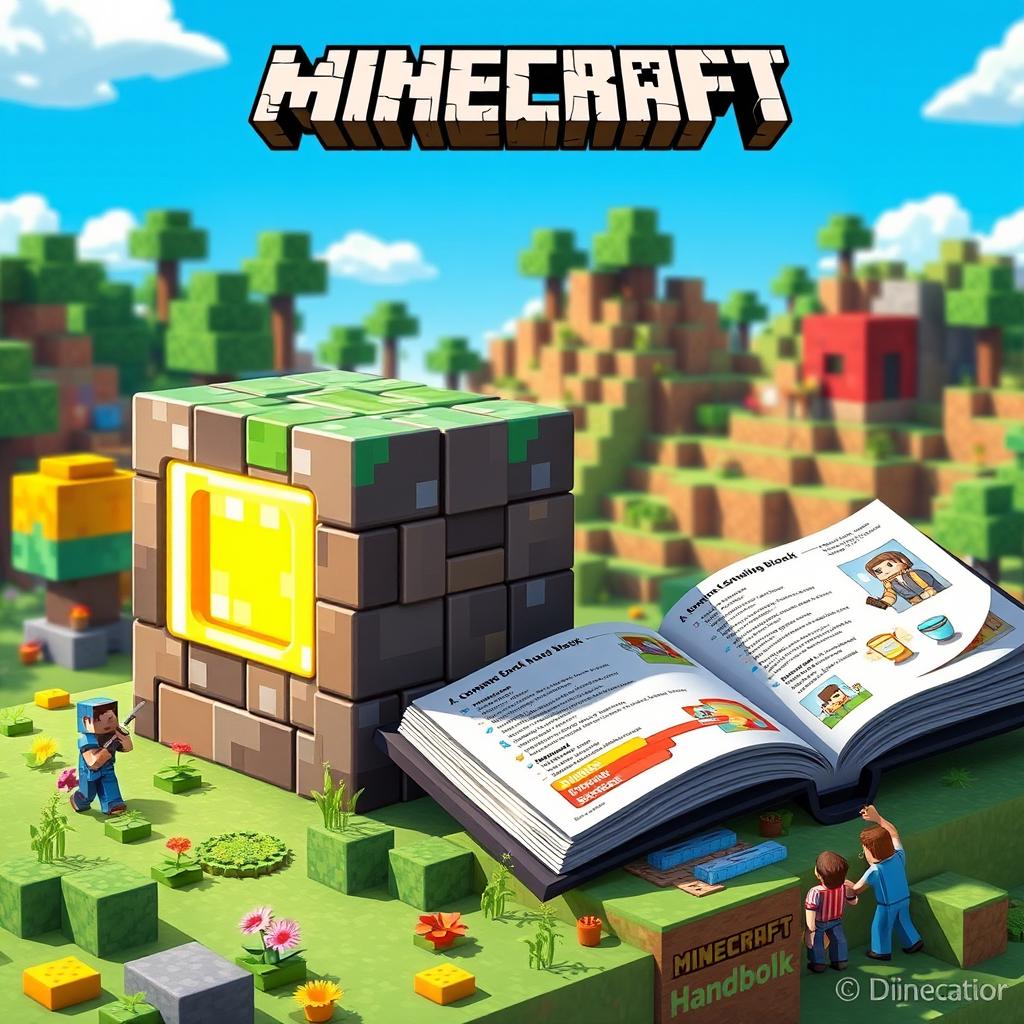 An artistic representation of a Minecraft command block alongside an open Minecraft handbook, rich in detail