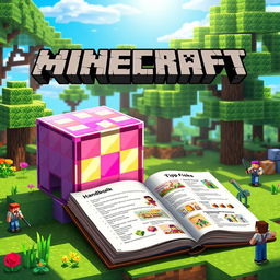 An artistic representation of a Minecraft command block alongside an open Minecraft handbook, rich in detail