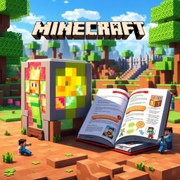 An artistic representation of a Minecraft command block alongside an open Minecraft handbook, rich in detail