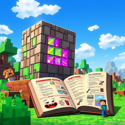 An artistic representation of a Minecraft command block alongside an open Minecraft handbook, rich in detail