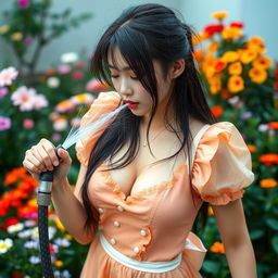 A 27-year-old Chinese maid girl, stunningly beautiful and seductive, watering a vibrant garden filled with colorful flowers
