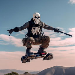 A rifle-armed kidnapper donned in a skeleton face mask and standard bullet-proof vest, daringly gliding on a hover-board in the expansive sky.