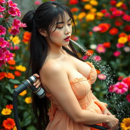A 27-year-old Chinese maid girl, stunningly beautiful and seductive, watering a vibrant garden filled with colorful flowers