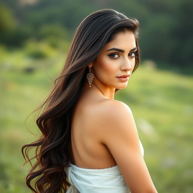 A beautiful Lebanese woman exhibiting elegance and confidence, with long dark hair cascading down her shoulders, showcasing her stunning natural beauty