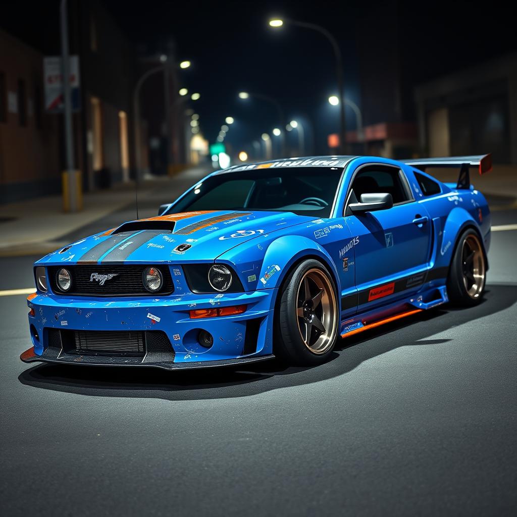 A blue 2006 Ford Mustang drift car with a very aggressive widebody kit and a large rear spoiler, showcasing its sporty design