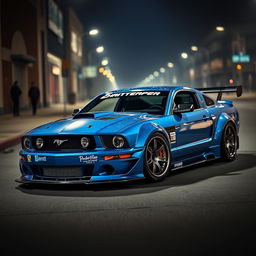 A blue 2006 Ford Mustang drift car with a very aggressive widebody kit and a large rear spoiler, showcasing its sporty design