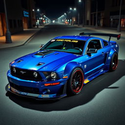 A blue 2006 Ford Mustang drift car with a very aggressive widebody kit and a large rear spoiler, showcasing its sporty design