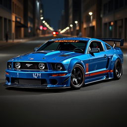 A blue 2006 Ford Mustang drift car with a very aggressive widebody kit and a large rear spoiler, showcasing its sporty design
