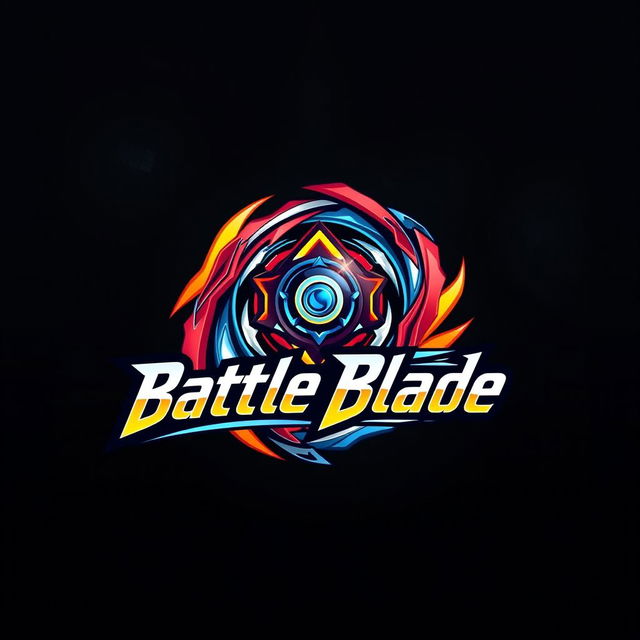 A detailed and vibrant logo design for 'Battle Blade', inspired by Beyblade aesthetics