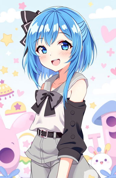 A beautiful girl with vibrant blue hair, wearing a stylish outfit, and a joyful expression