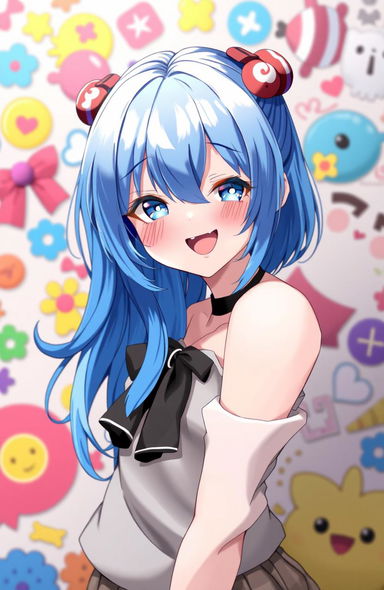 A beautiful girl with vibrant blue hair, wearing a stylish outfit, and a joyful expression