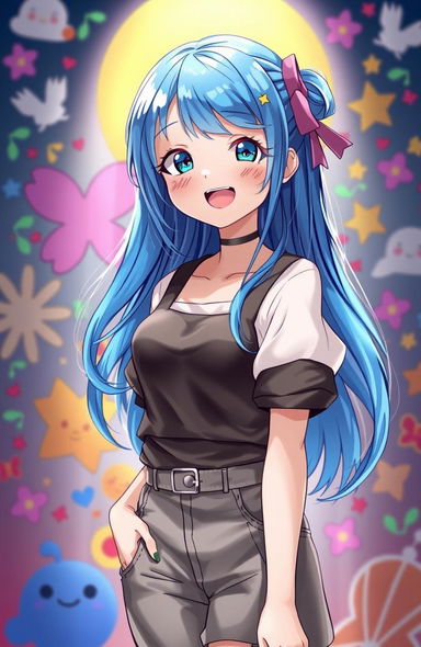A beautiful girl with vibrant blue hair, wearing a stylish outfit, and a joyful expression