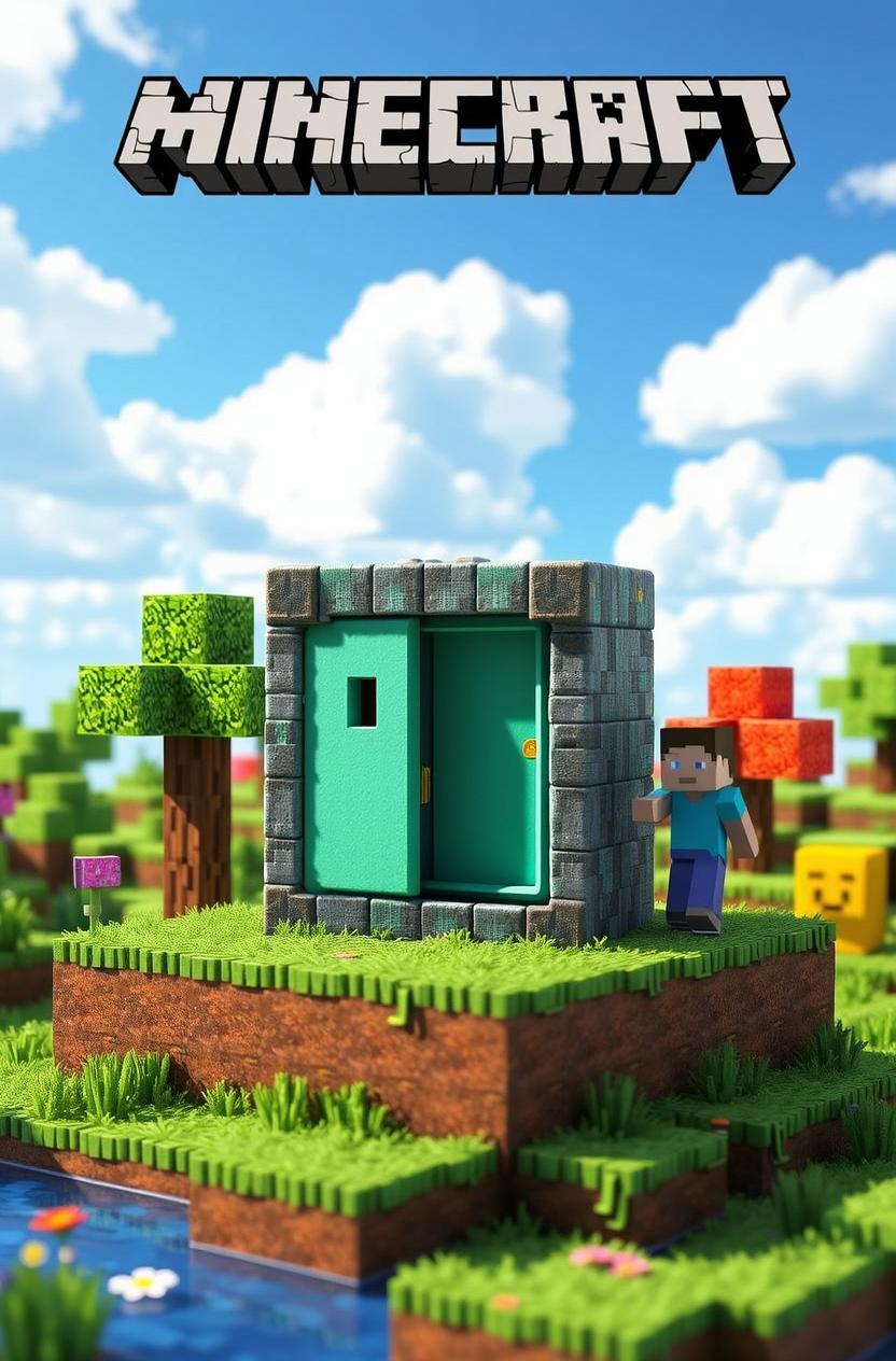 A vibrant, blocky landscape inspired by a video game, featuring a character with a square head and pixelated body standing beside a large stone structure labeled "Commands!"