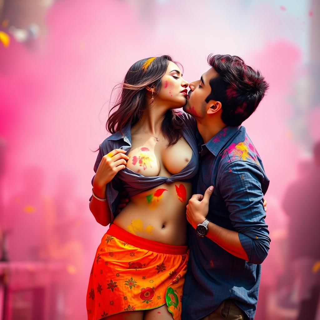 A seductive woman resembling Nushrath Bharucha, dressed in a vibrant short skirt and bold red lipstick, is celebrating Holi in a colorful and festive atmosphere