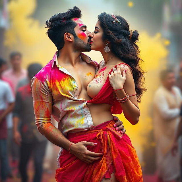 A seductive woman resembling Nushrath Bharucha, dressed in a vibrant short skirt and bold red lipstick, is celebrating Holi in a colorful and festive atmosphere