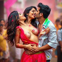 A seductive woman resembling Nushrath Bharucha, dressed in a vibrant short skirt and bold red lipstick, is celebrating Holi in a colorful and festive atmosphere