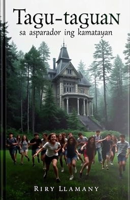 A gripping book cover featuring a large, old mansion nestled in a dense forest