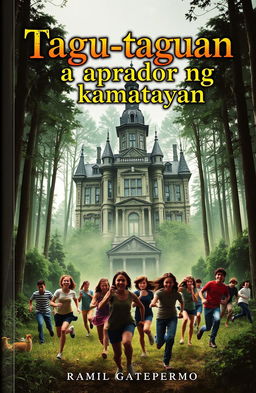 A gripping book cover featuring a large, old mansion nestled in a dense forest
