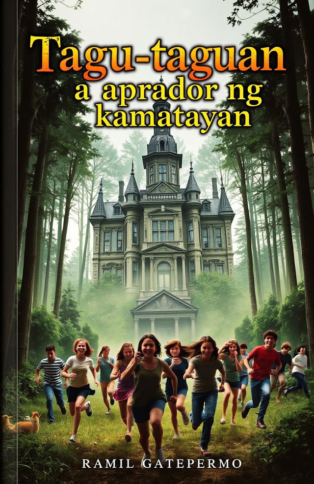 A gripping book cover featuring a large, old mansion nestled in a dense forest