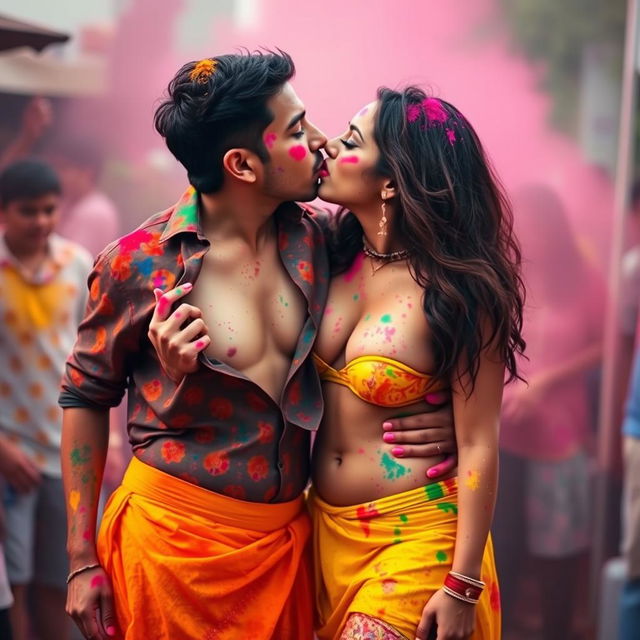 A seductive woman resembling Nushrath Bharucha, dressed in a vibrant short skirt and bold red lipstick, is celebrating Holi with joyful colors around her