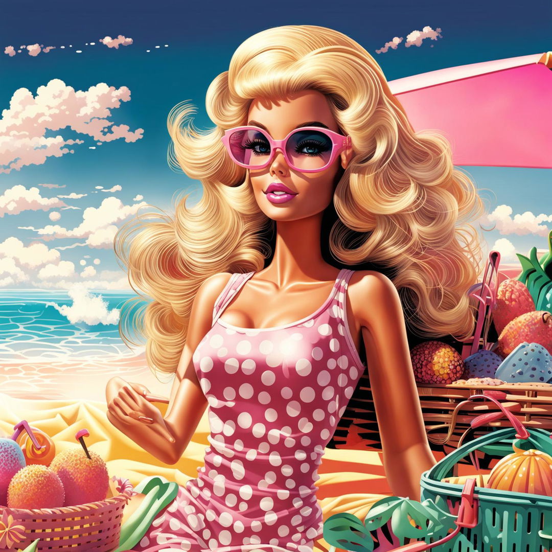 Digital art of Barbie in a pink bikini at a sunny beach with a picnic setup under an umbrella.