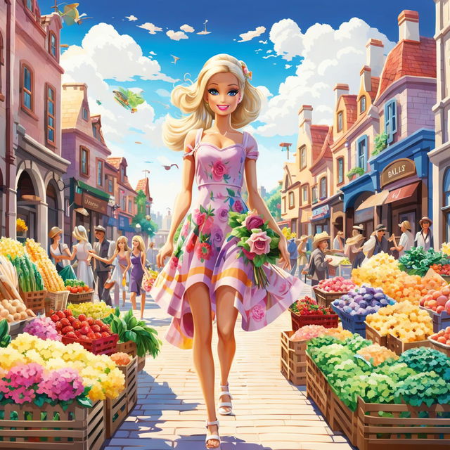 Digital art of Barbie in a sundress at a bustling city market.