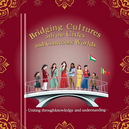 A captivating book cover for 'Bridging Cultures and Connecting Worlds', featuring students from diverse backgrounds standing on a beautifully designed bridge that symbolizes unity and connection