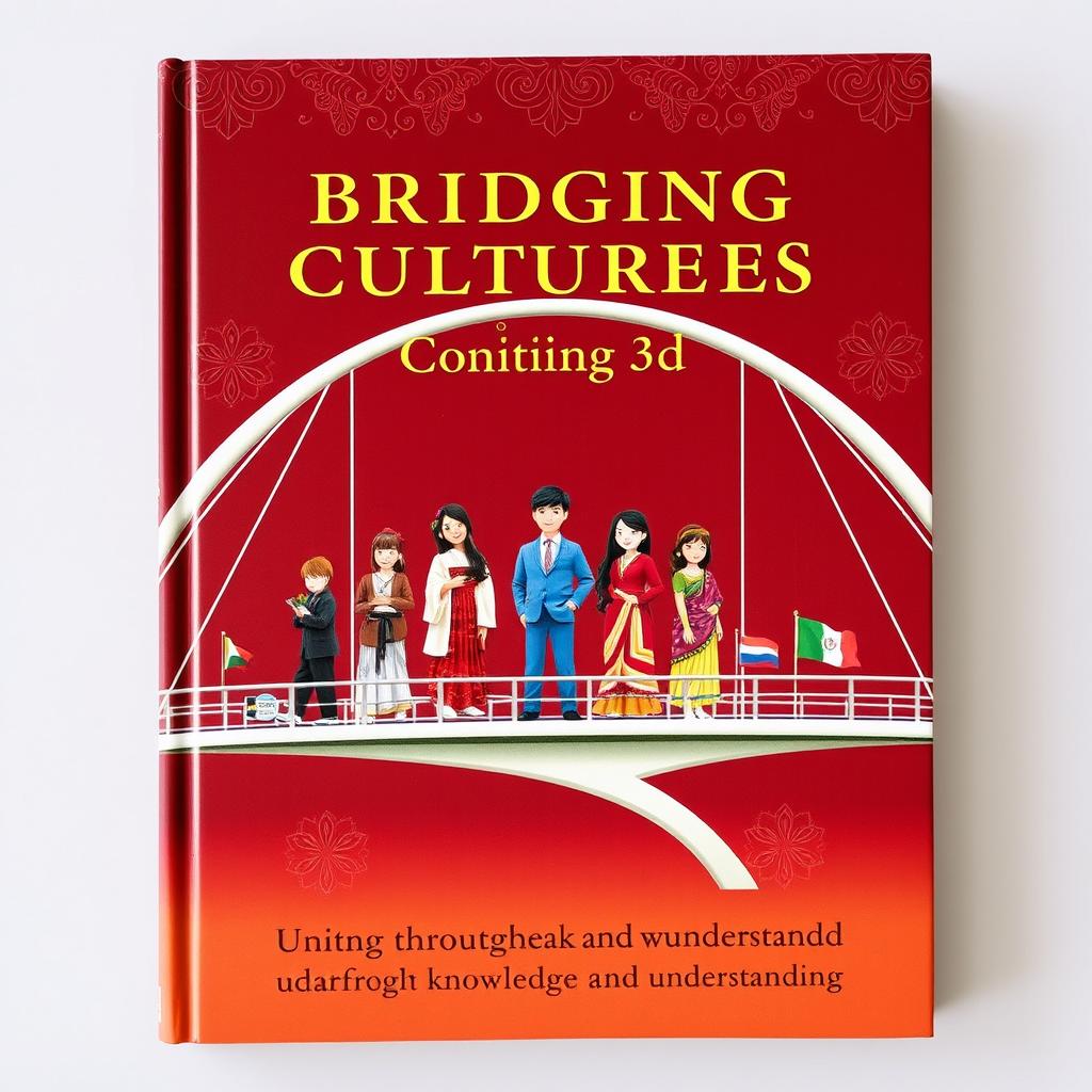 A captivating book cover for 'Bridging Cultures and Connecting Worlds', featuring students from diverse backgrounds standing on a beautifully designed bridge that symbolizes unity and connection