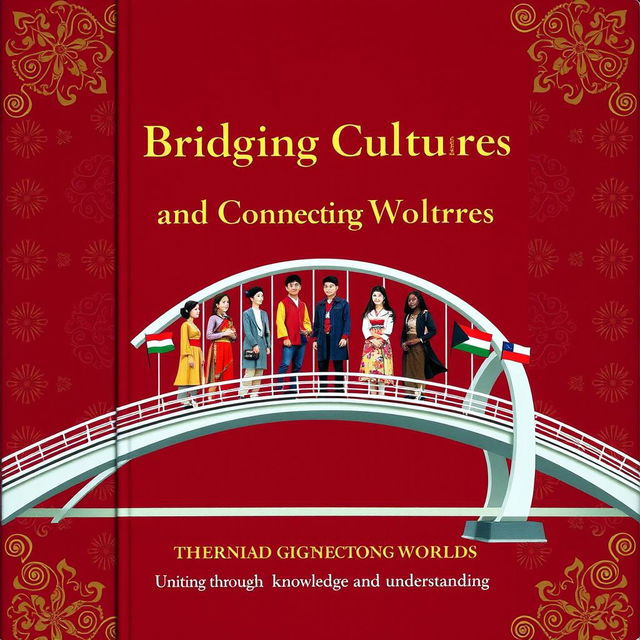 A captivating book cover for 'Bridging Cultures and Connecting Worlds', featuring students from diverse backgrounds standing on a beautifully designed bridge that symbolizes unity and connection