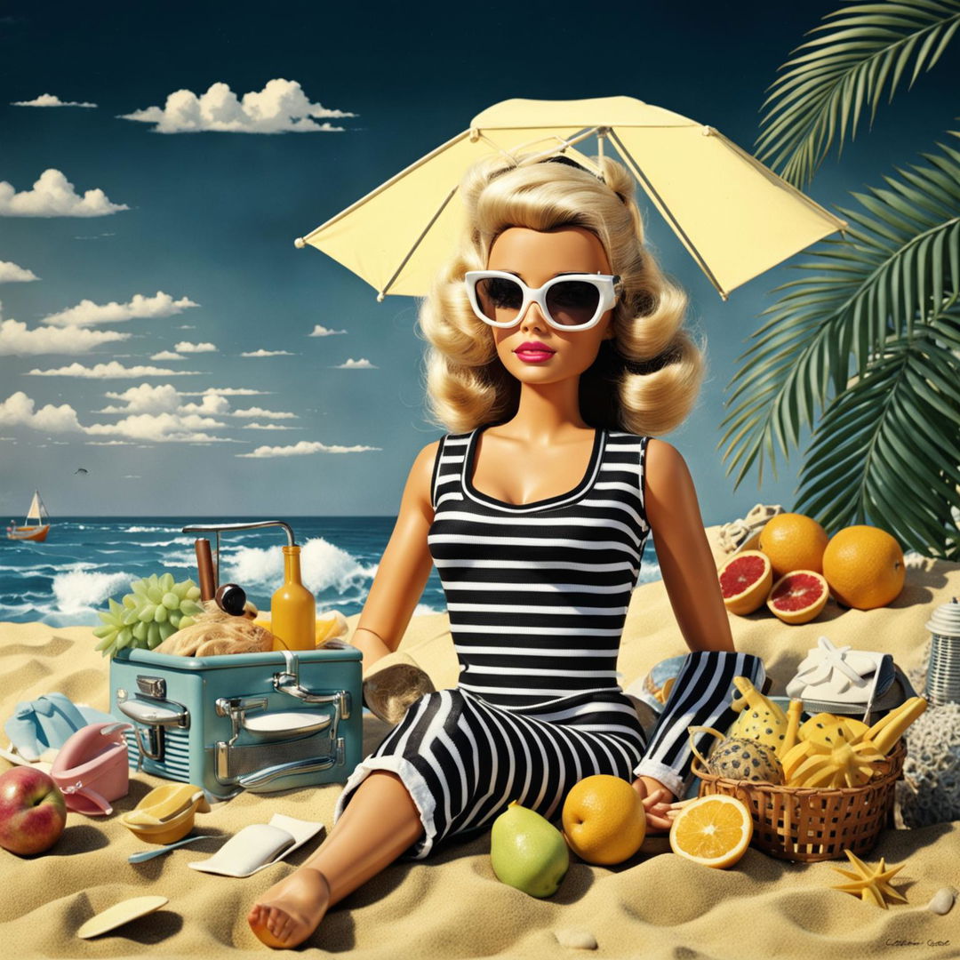 Classic Barbie in a vintage swimsuit at a retro-style beach.