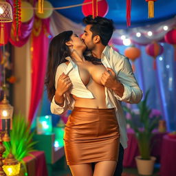 A seductive woman resembling Nushrath Bharucha, dressed in an elegant short skirt and striking red lipstick, is celebrating Eid in a festive and vibrant environment