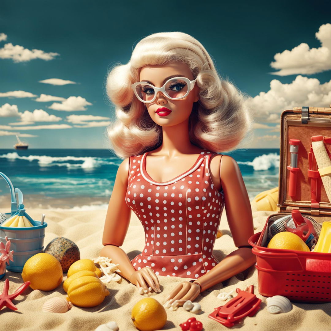 Classic Barbie in a red polka dot swimsuit at a retro-style beach with a picnic setup under a striped umbrella.