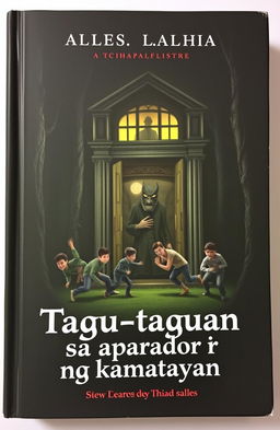 A spooky book cover featuring a large, old mansion nestled deep within a dark, dense forest