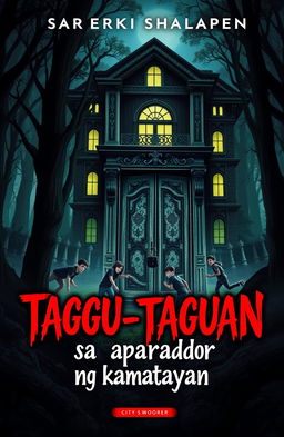 A spooky book cover featuring a large, old mansion nestled deep within a dark, dense forest