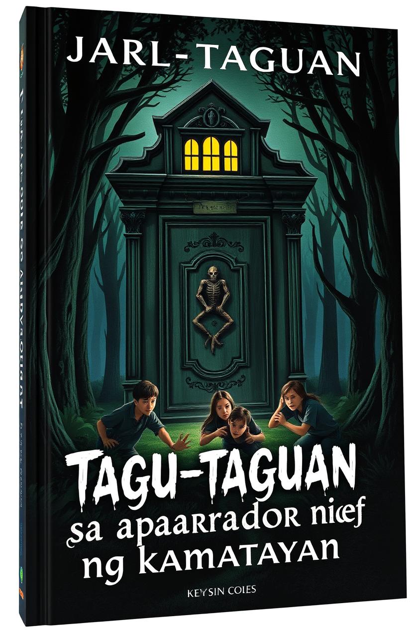 A spooky book cover featuring a large, old mansion nestled deep within a dark, dense forest