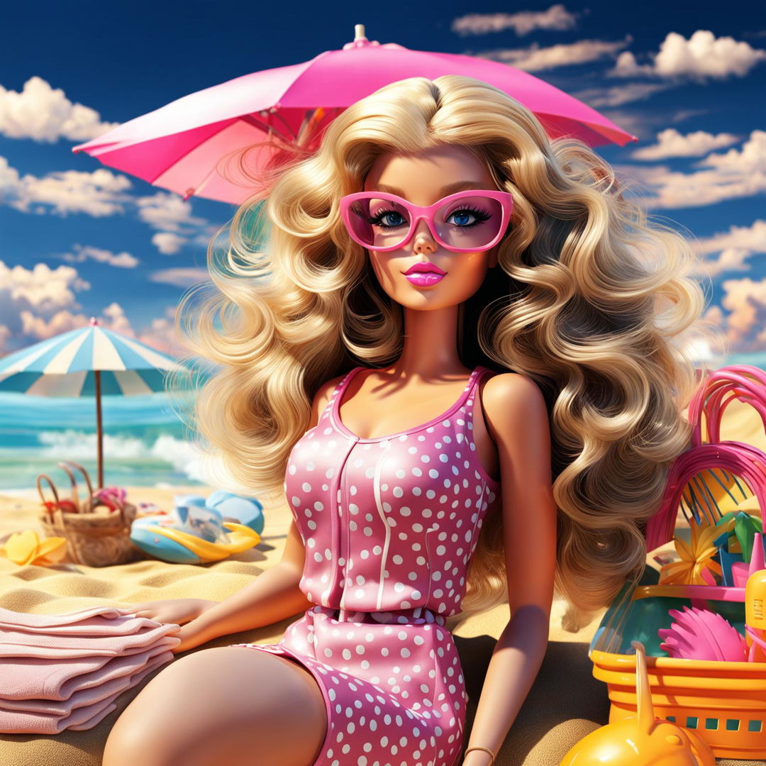 Digital art of Barbie in a pink bikini at a sunny beach with a picnic setup under an umbrella.