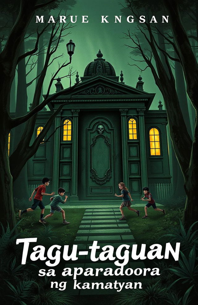 A spooky book cover featuring a large, old mansion nestled deep within a dark, dense forest