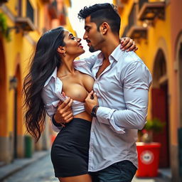 A seductive woman resembling Nushrath Bharucha, dressed in a stylish short skirt and vibrant red lipstick, is in a romantic setting in Spain