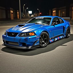 A blue 2001 Ford Mustang drift car, showcasing an aggressive widebody kit, a large rear spoiler, and featuring scratched paint with mismatched body panels in various colors